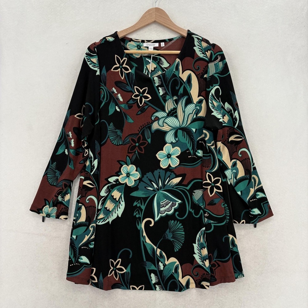 Chico's Travelers Blouse Womens 3 Multicolor Floral Zip Long Sleeve Slinky Knit